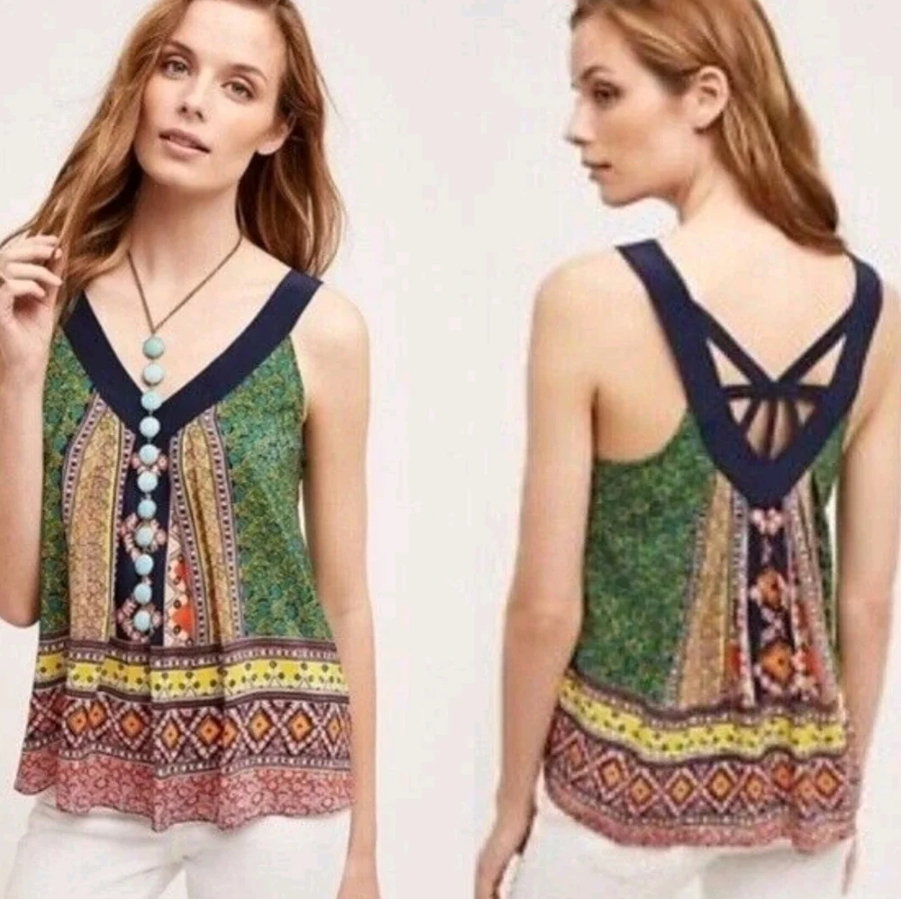 Anthropologie Maeve Sapelo 100% Silk, Scarf Print Boho Tank Sheer - Picture 2 of 10